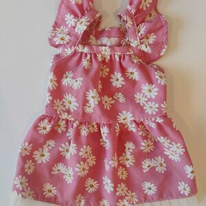 Pink Dog Dress with White Daisies, Ruffle Trim, Size XS